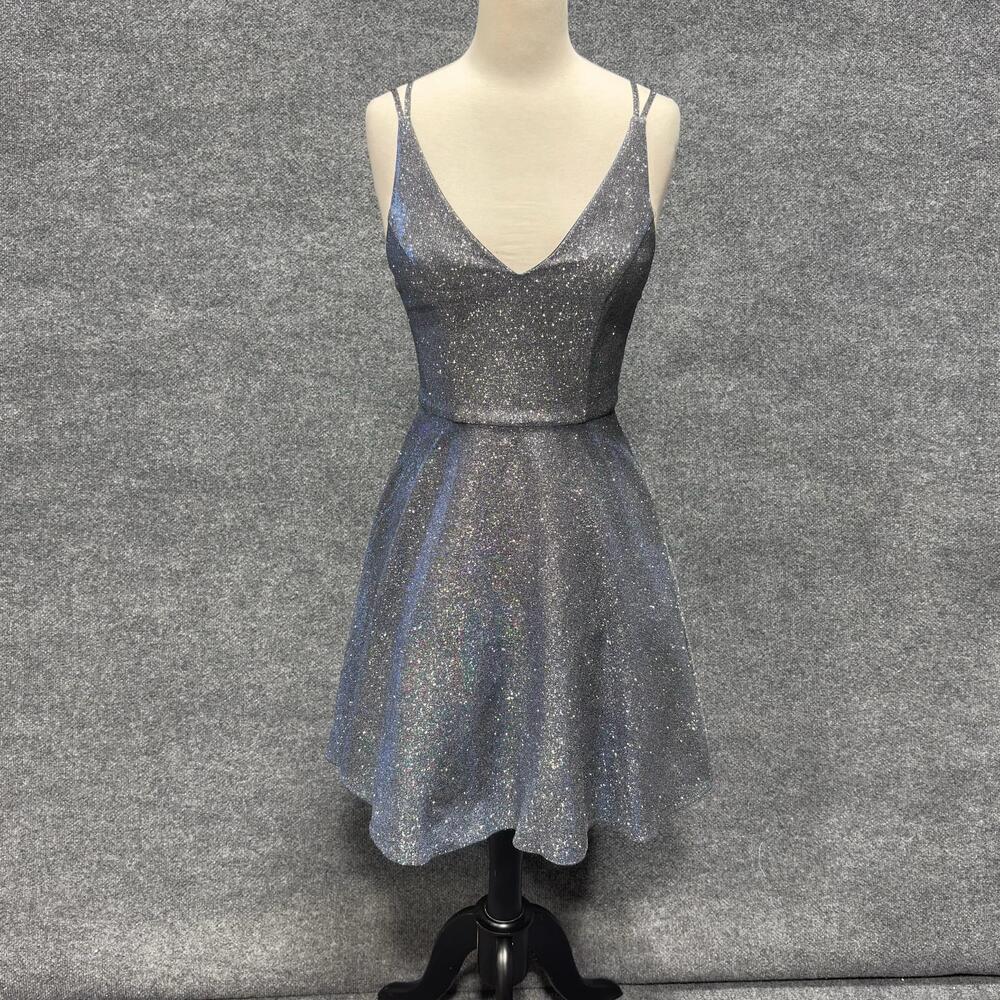 Xscape Dress Womens 4 Silver Glitter V Neck Strappy Fit Flare Short Party - Picture 2 of 15